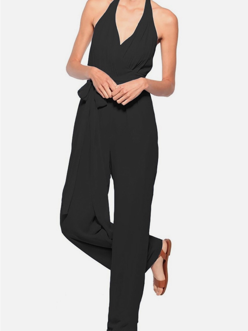 Joanna August Black Sleeveless Halter Jumpsuit with Waist Tie